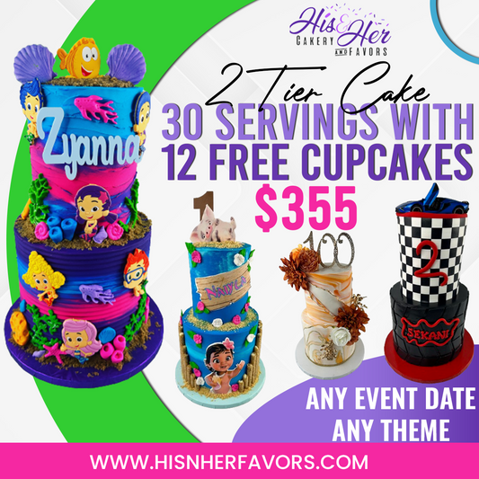 2 TIER CAKE ( 30 SERVINGS) & 12 FREE CUPCAKES